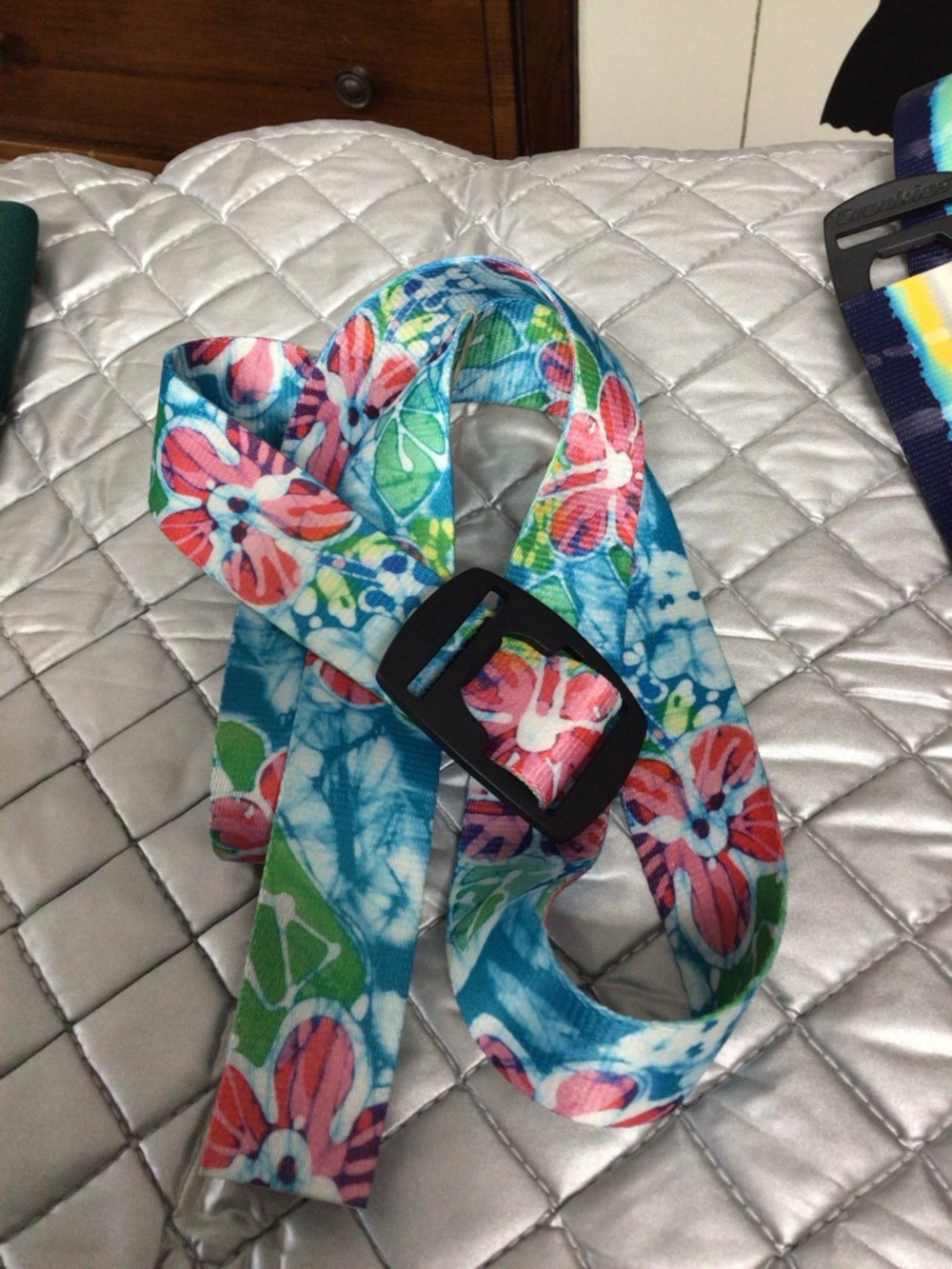 Floral Blue Patterned Webbing Belt with Black Buckle